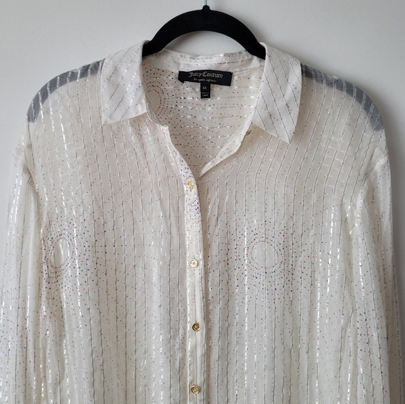 JUICY Couture Silk Button Down Shirt Sheer w Metallic Fiber Pinstripes XS - Picture 3 of 13